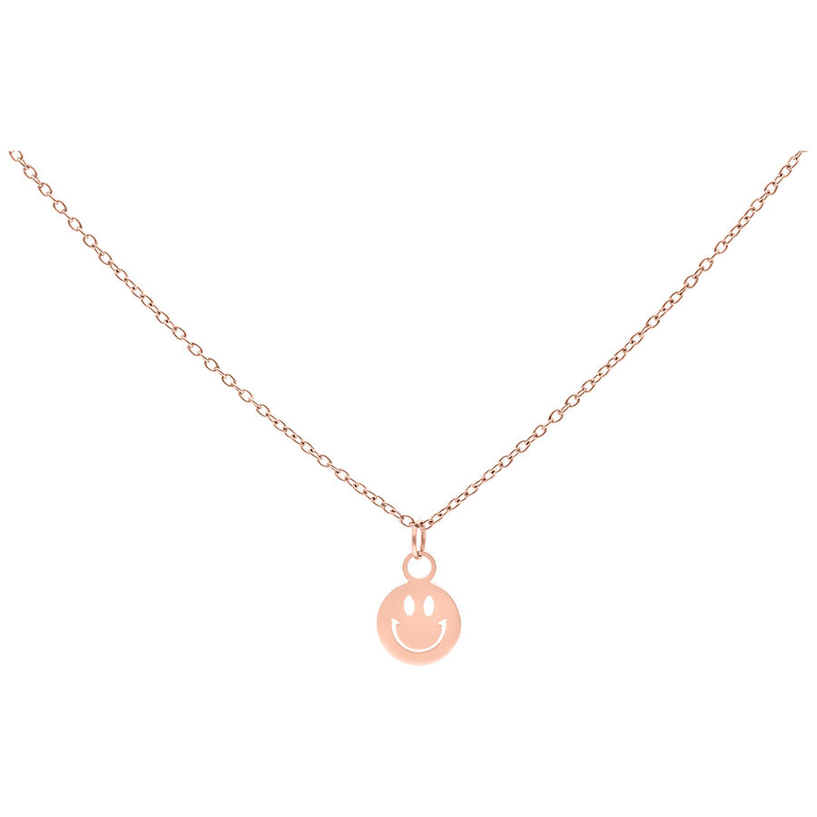 Collana in oro rosa con ciondolo Smiley su sfondo bianco