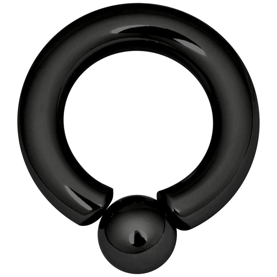 Anillo de piercing negro de titanio con 4 mm de grosor y 12 mm de diámetro interno sobre fondo blanco