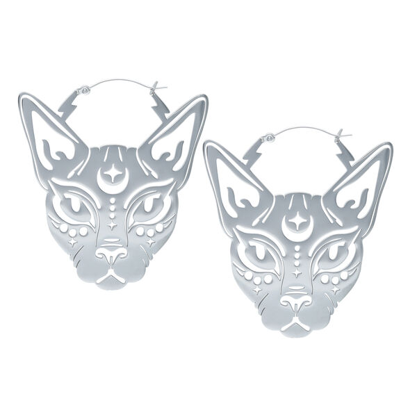 Dos pendientes Sphynx Hoops plateados con motivo de gato sobre fondo blanco