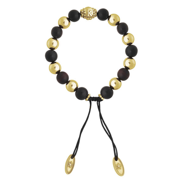 Pulsera unisex con cuentas doradas y negras sobre fondo blanco