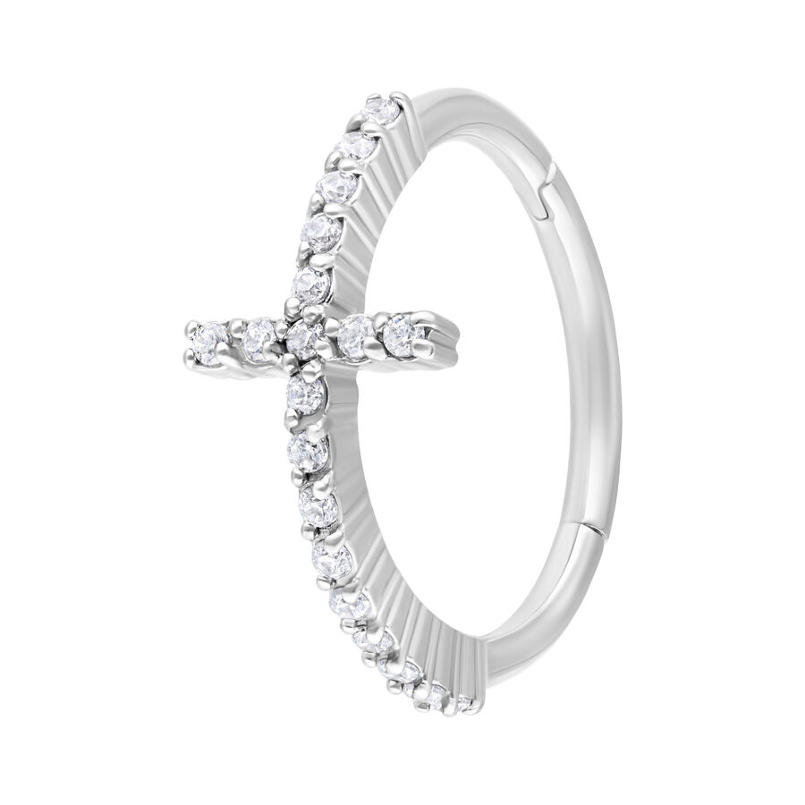 Anello piercing argento con croce scintillante di cristalli chiari, 11 mm
