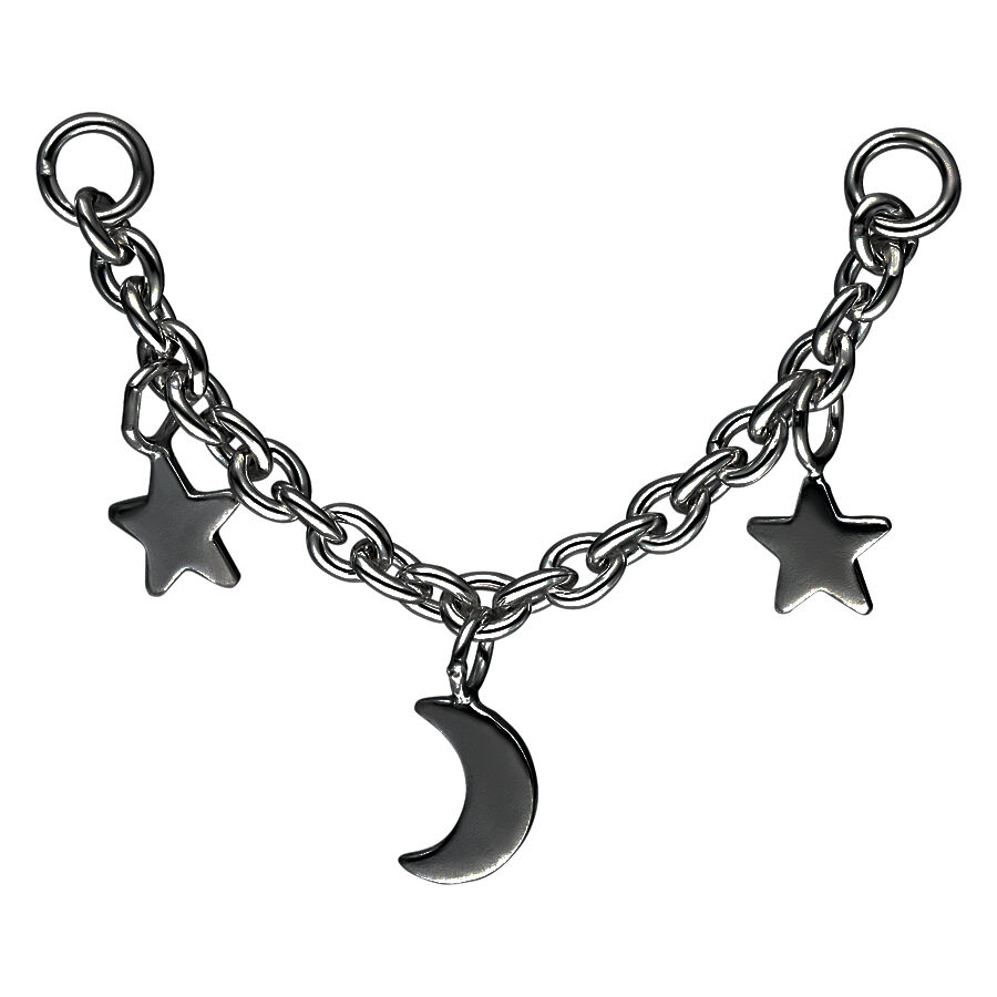 Catena piercing nera con luna e stelle su sfondo bianco