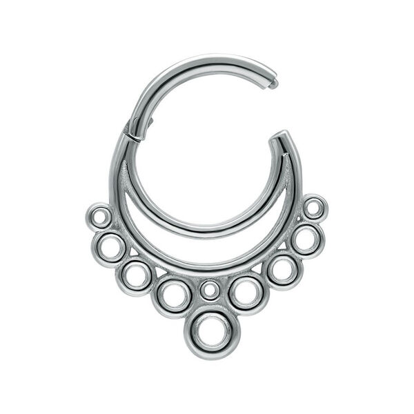 Clicker per setto argento con design a bolle su sfondo bianco