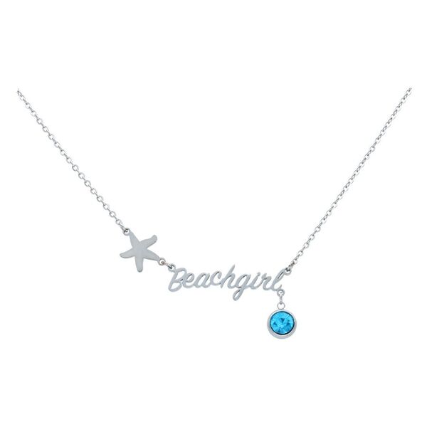 Collar plateado con colgante de estrella, inscripción 'Beachgirl' y cristal azul