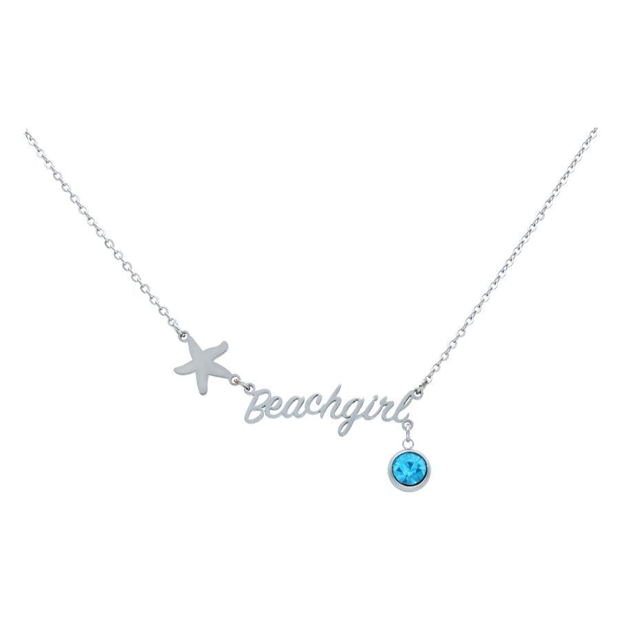 Collana in argento con ciondolo a stella, scritta 'Beachgirl' e cristallo blu