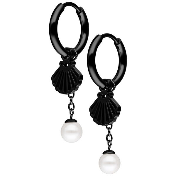Mini Shell with Synthetic Pearl Hoops Pair - Black Metal