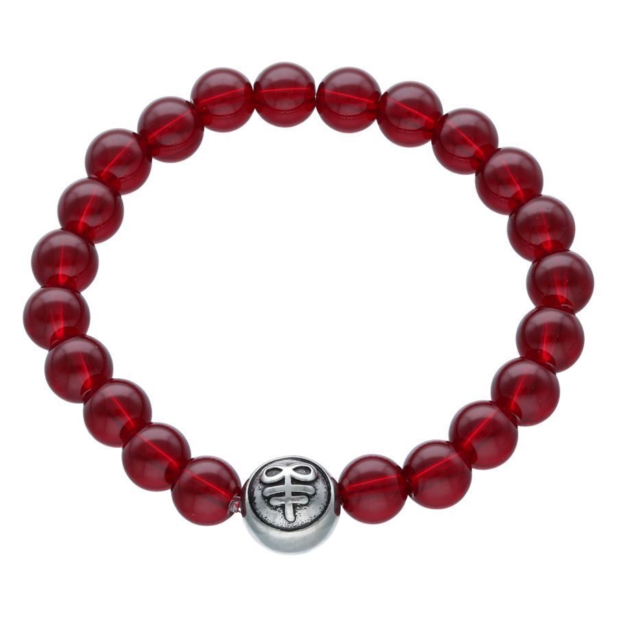 Pulsera Bloody Leviathan Knot roja de cuero sintético sobre fondo blanco