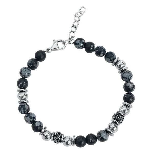 Pulsera negra con piedras y perlas de acero quirúrgico sobre fondo blanco