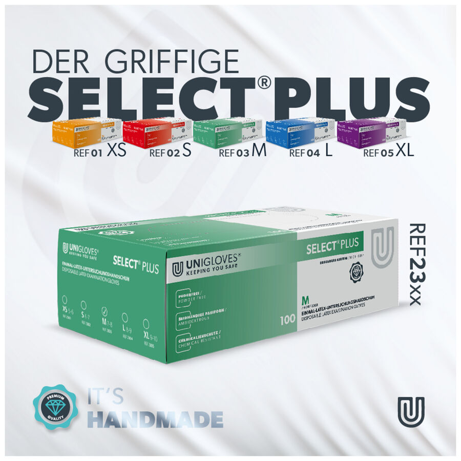Unigloves Select Plus -käsineet valkoisessa laatikossa, koko M, studio tausta