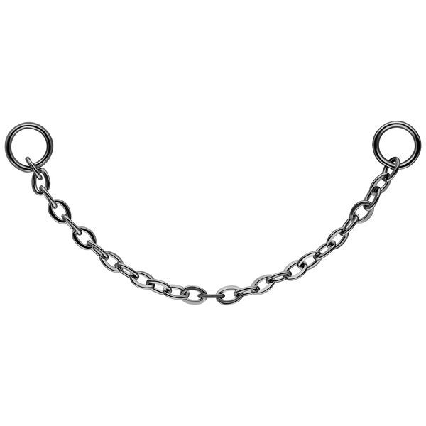 Cadena de metal negra con dos anillos sobre fondo blanco
