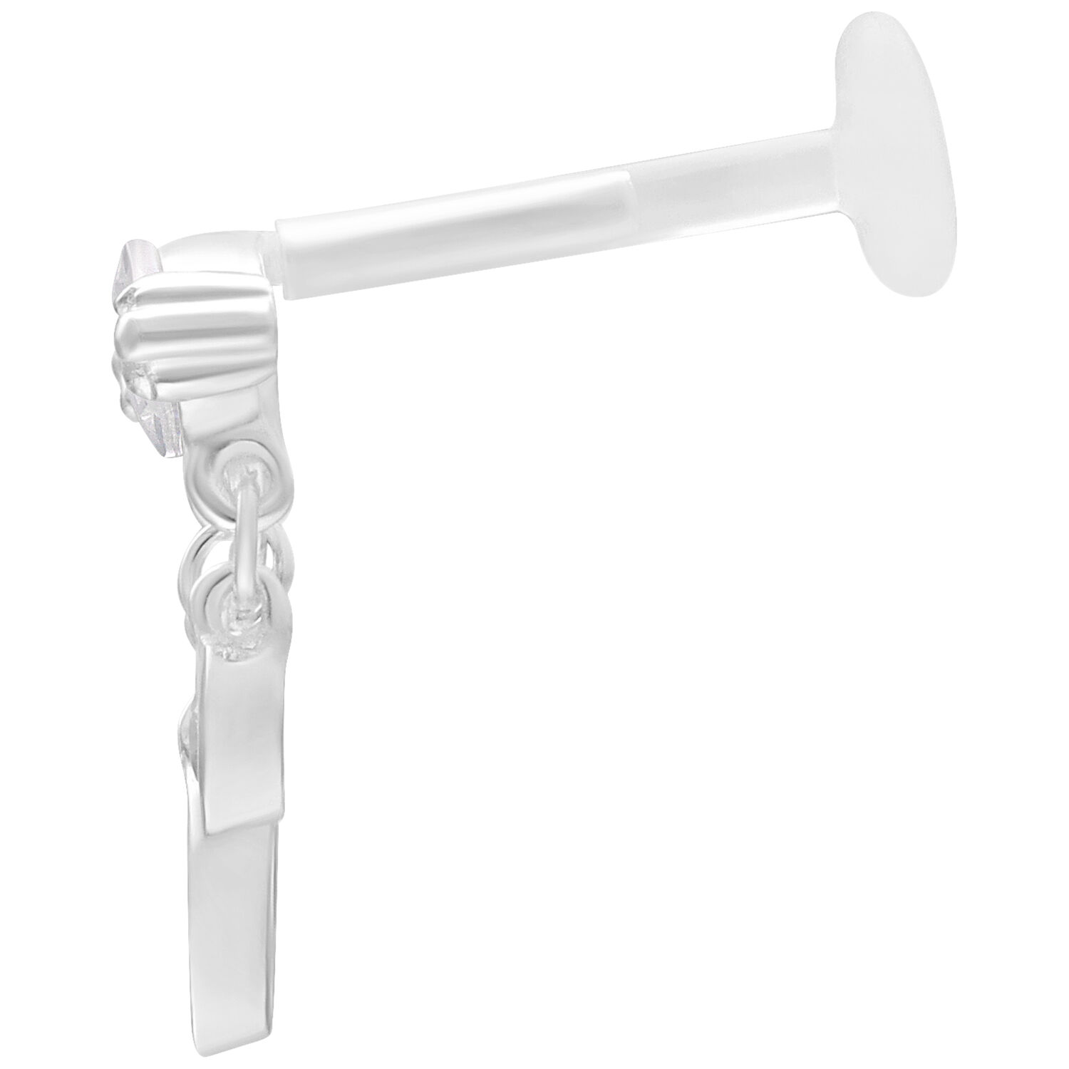 Silbernes Bella Push Fit Labret 5,0 mm Silbernes Labret mit Push Fit System, 5,0 mm Länge auf weißem Hintergrund