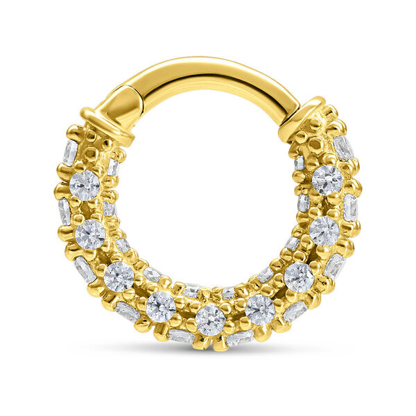 Anillo dorado de 18K con bisagra y cristales claros sobre fondo blanco