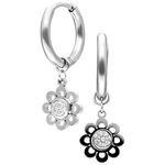 Orecchini a cerchio in argento con pendenti floreali scintillanti su sfondo bianco