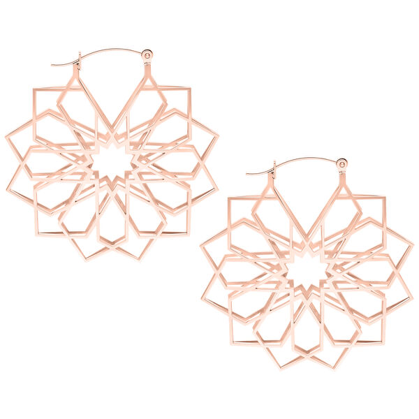 Roségoldene Kaleidoscope Hoops Ohrringe auf weißem Hintergrund
