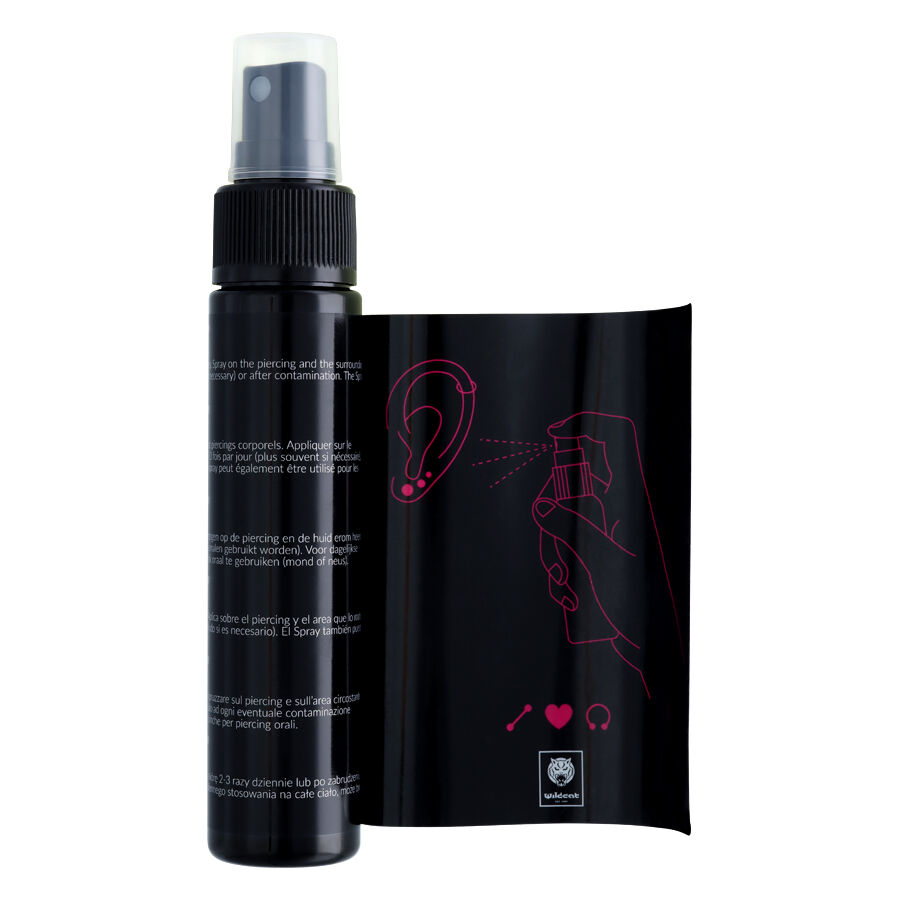 Flacone e confezione di spray per piercing nero su sfondo bianco