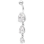 Piercing in argento con tre cristalli chiari su una barra curva