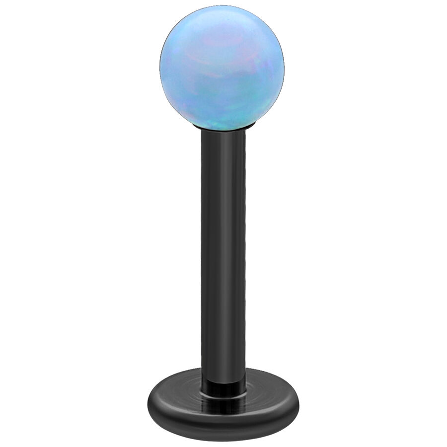 Labret de titanio negro con bola de ópalo azul claro sobre fondo blanco