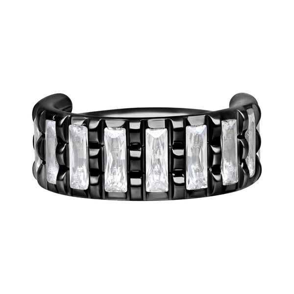 Anello piercing nero in acciaio chirurgico con cristalli chiari su sfondo bianco