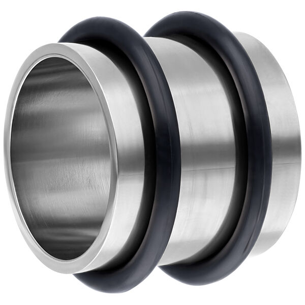 Silberner Flesh Tunnel aus Titan mit schwarzen Ringen auf weißem Hintergrund