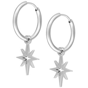 Silberne Little Polar Star Hoops Ohrringe Zwei silberne Creolen mit polarsternförmigem Anhänger auf weißem Hintergrund