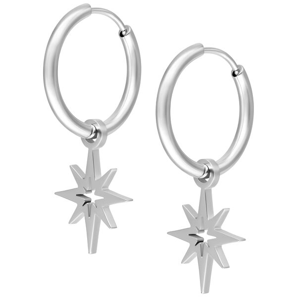 Due cerchi d'argento con ciondolo a forma di stella polare su sfondo bianco