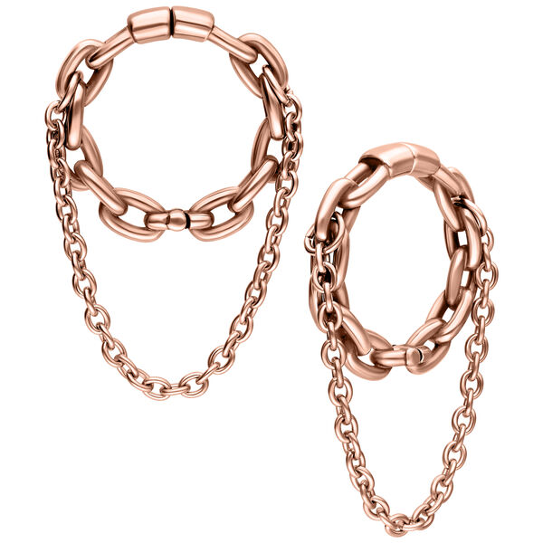 Due pesi per orecchie a doppia catena in oro rosa in acciaio chirurgico su sfondo bianco