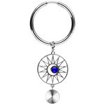 Creole d'argento con cristallo blu scuro e motivo solare su sfondo bianco