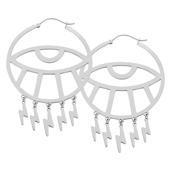 Thunderflash Eye Hoops de plata de acero quirúrgico con colgantes de rayo sobre fondo blanco