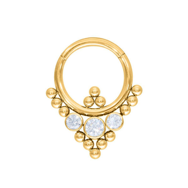 Anello piercing dorato con design triangolare e cristalli chiari