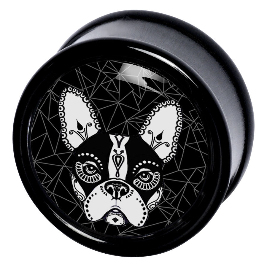 Musta PMMA-plugi bulldog-kuviolla ja geometrisella taustalla