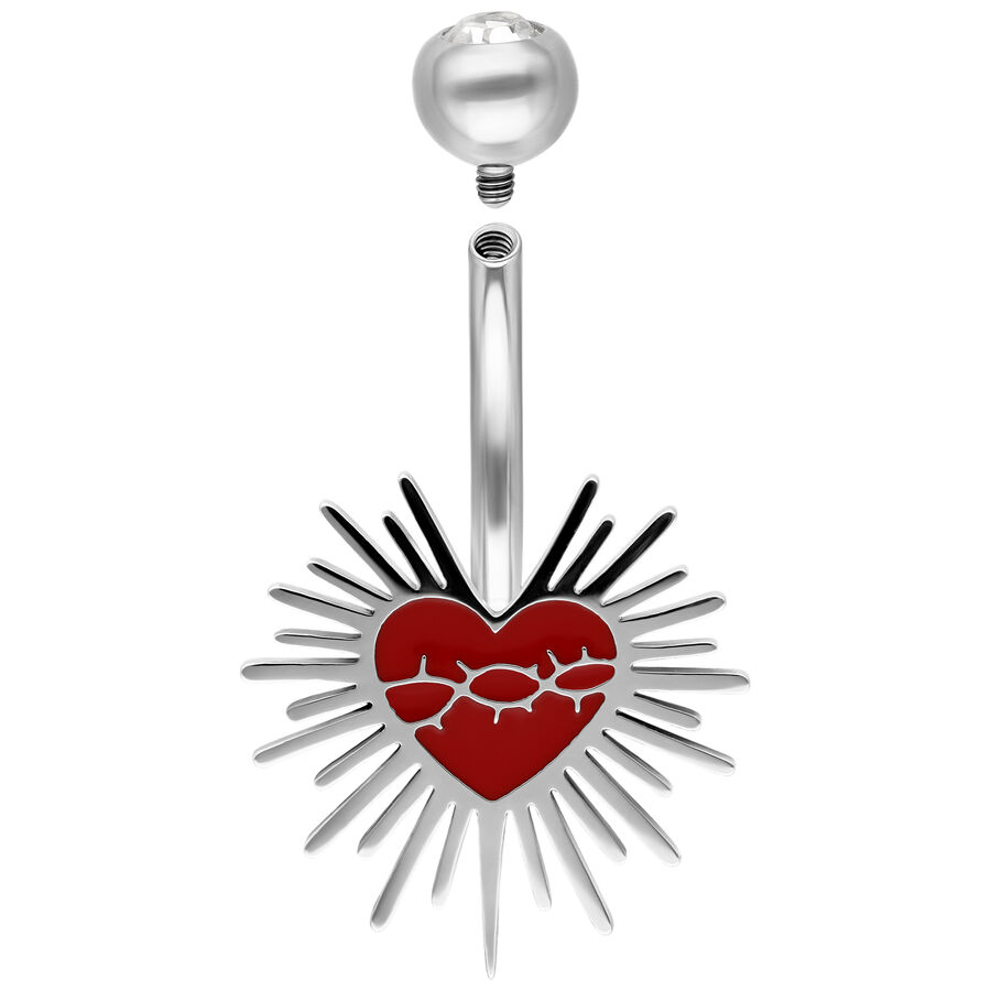 Bananabell in titanio argento con Sacred Heart rosso e corona di spine su sfondo bianco