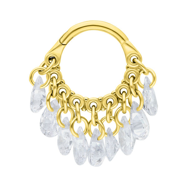 Anello piercing dorato con pendenti di cristallo chiaro su sfondo bianco