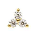 Dreieckiger Aufsatz aus 14K Gold mit drei klaren Moissanit-Steinen auf weißem Hintergrund