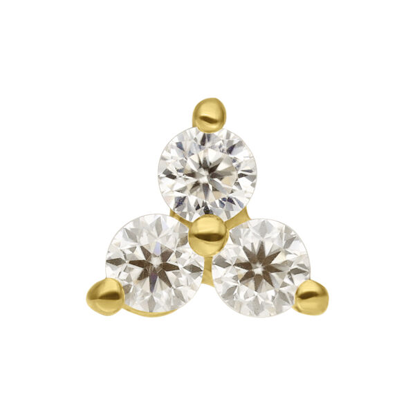 Colgante Trinity en Oro 14K con tres piedras de Moissanita sobre fondo blanco