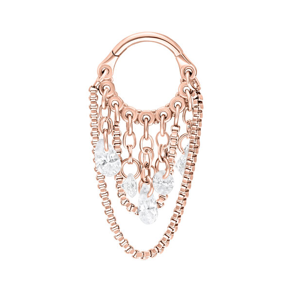 Clicker piercing in oro rosa con cristalli chiari, catene e motivo a serpente su sfondo bianco
