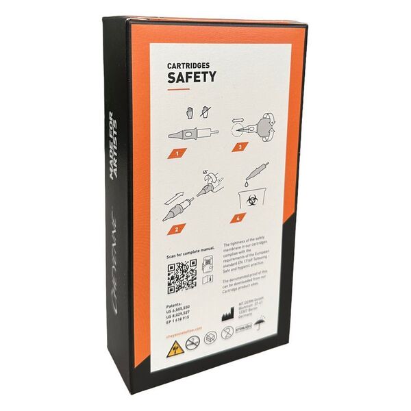 Paquete de Cheyenne Liner Safety Agujas con diseño naranja y blanco y advertencias de seguridad