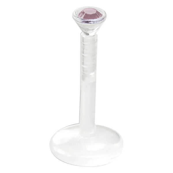 Labret transparente de bioplast con cristal de amatista sobre fondo blanco