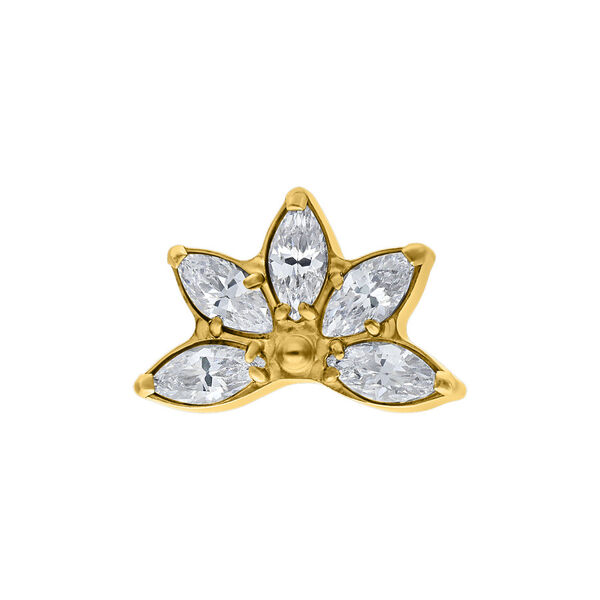 Accesorio de piercing dorado con cinco cristales claros sobre fondo blanco