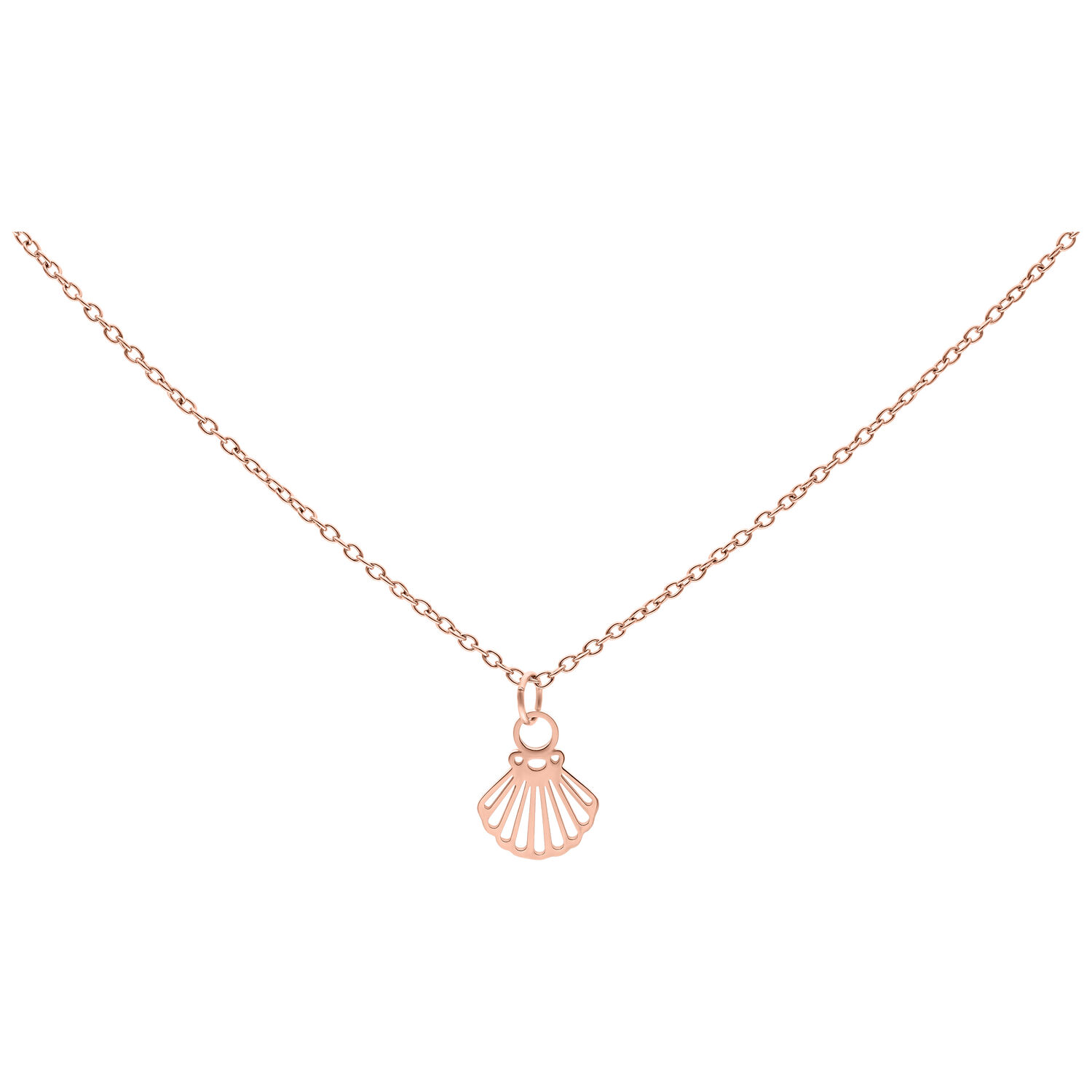 Kette aus Chirurgenstahl mit Muschel-Anhänger in Roségold auf weißem Hintergrund