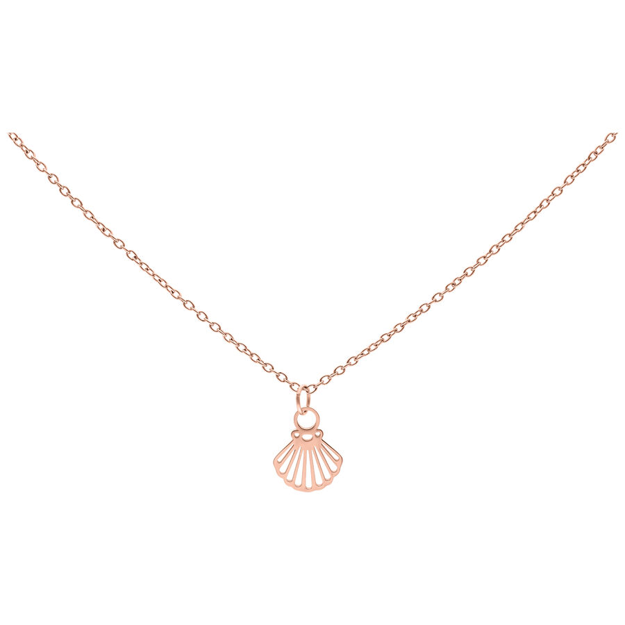 Collana in acciaio chirurgico con ciondolo a conchiglia in oro rosa su sfondo bianco