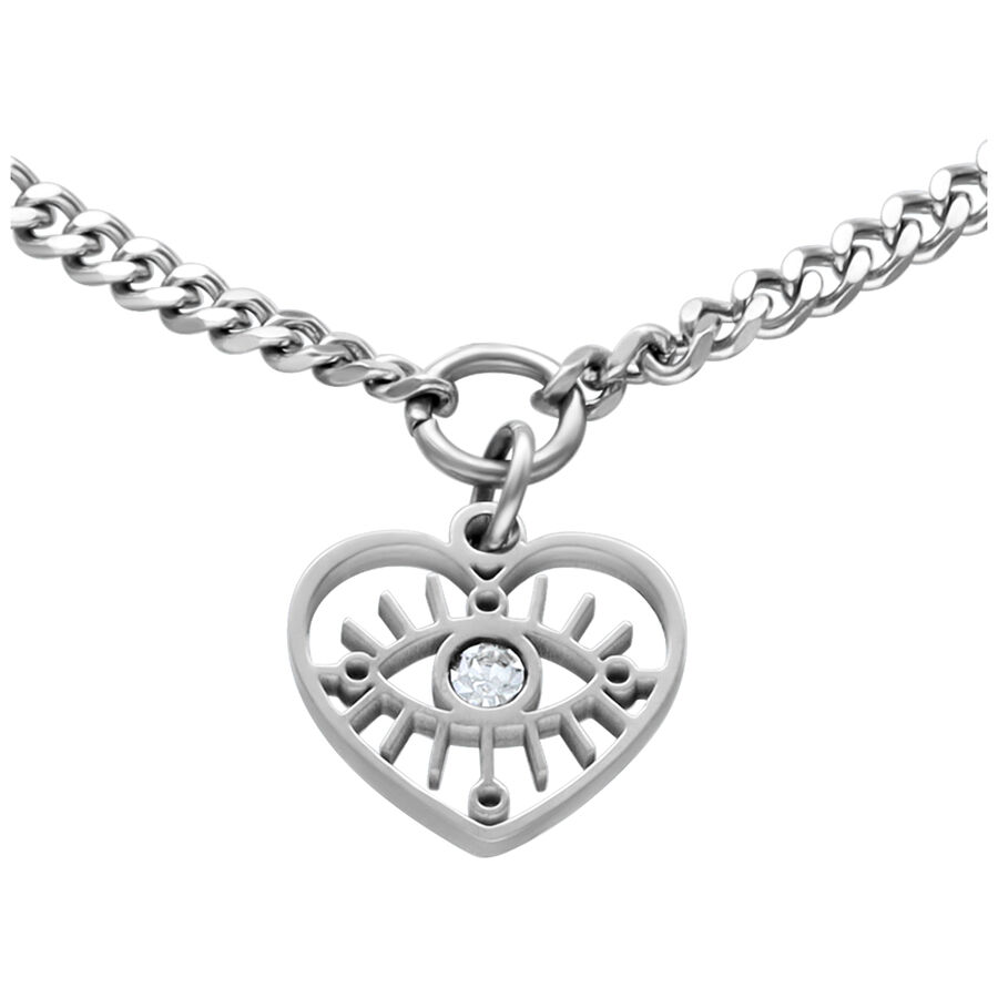 Braccialetto in argento con ciondolo a cuore e cristallo chiaro su sfondo bianco