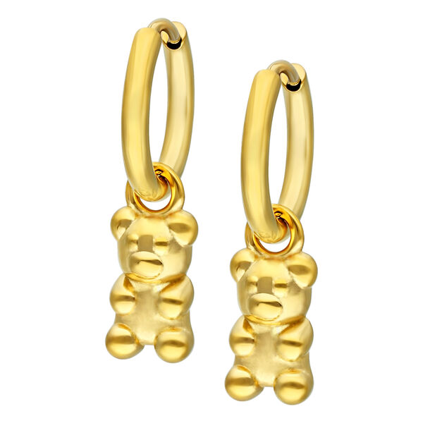 Dos pendientes dorados brillantes con diseño de osito de goma sobre fondo blanco
