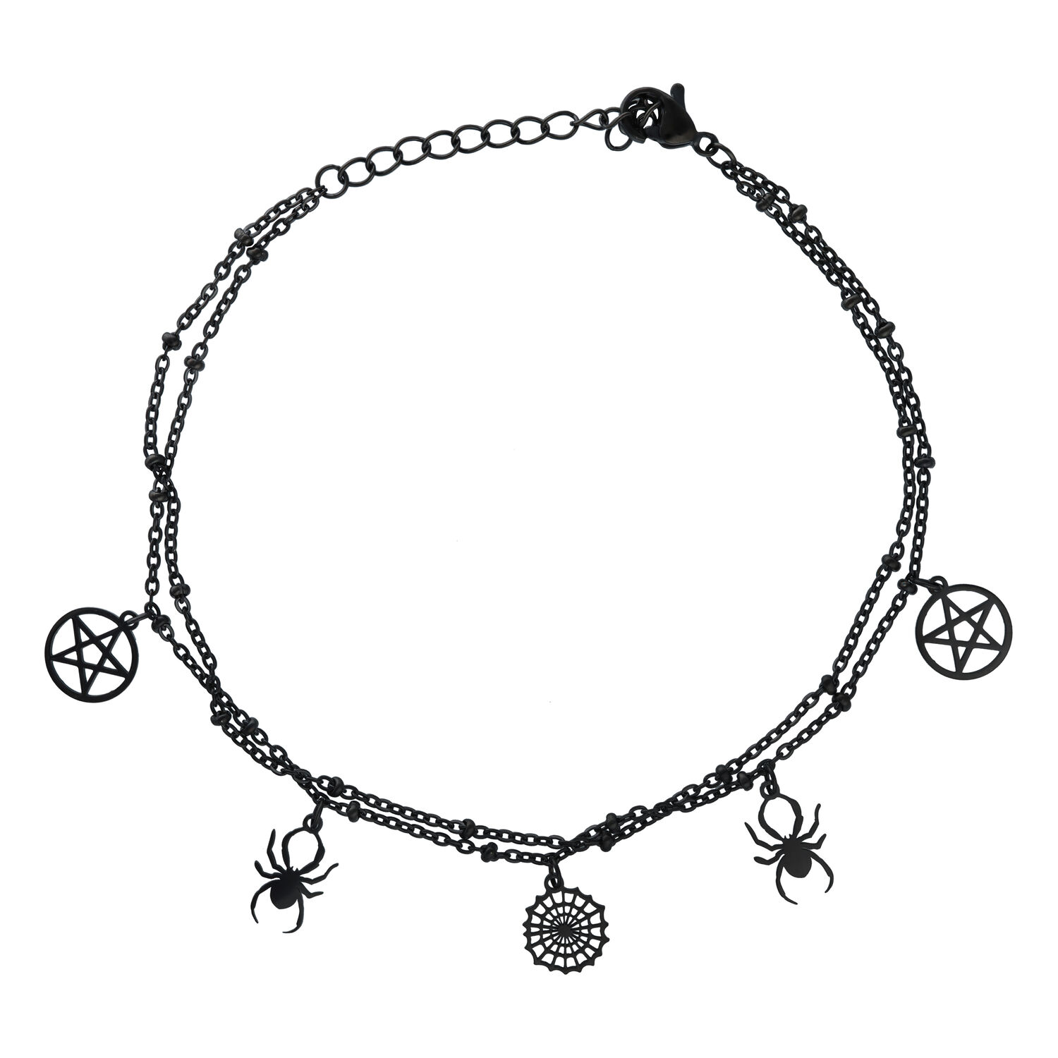 Schwarzes Spider Pentagram Fußkettchen verstellbar Schwarzes Fußkettchen mit Spinnen- und Pentagramm-Anhängern auf weißem Hintergrund