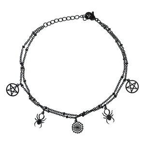 Schwarzes Spider Pentagram Fußkettchen verstellbar Schwarzes Fußkettchen mit Spinnen- und Pentagramm-Anhängern auf weißem Hintergrund