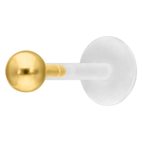 Goldenes Push-Fit Labret Piercing mit kugelförmigem Aufsatz auf weißem Hintergrund