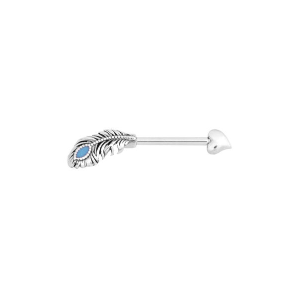 Silberner Herz Feder Barbell Piercing Silberner Barbell mit Feder- und Herzdesign auf weißem Hintergrund