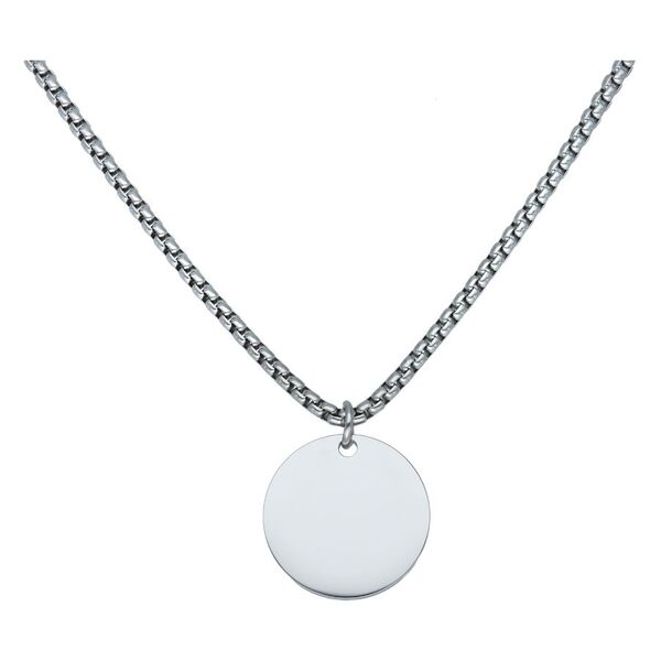 Collar grabable de acero quirúrgico plateado con colgante redondo sobre fondo blanco