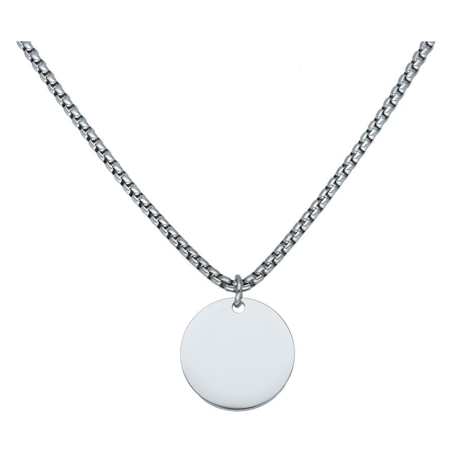 Collana argento personalizzabile in acciaio chirurgico con ciondolo rotondo su sfondo bianco