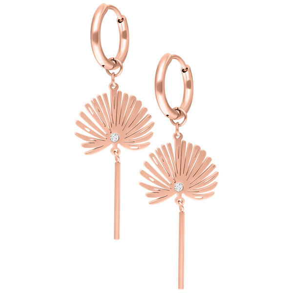 Roségoldene Ohrringe mit filigranem Anhänger und klarem Kristall auf weißem Hintergrund