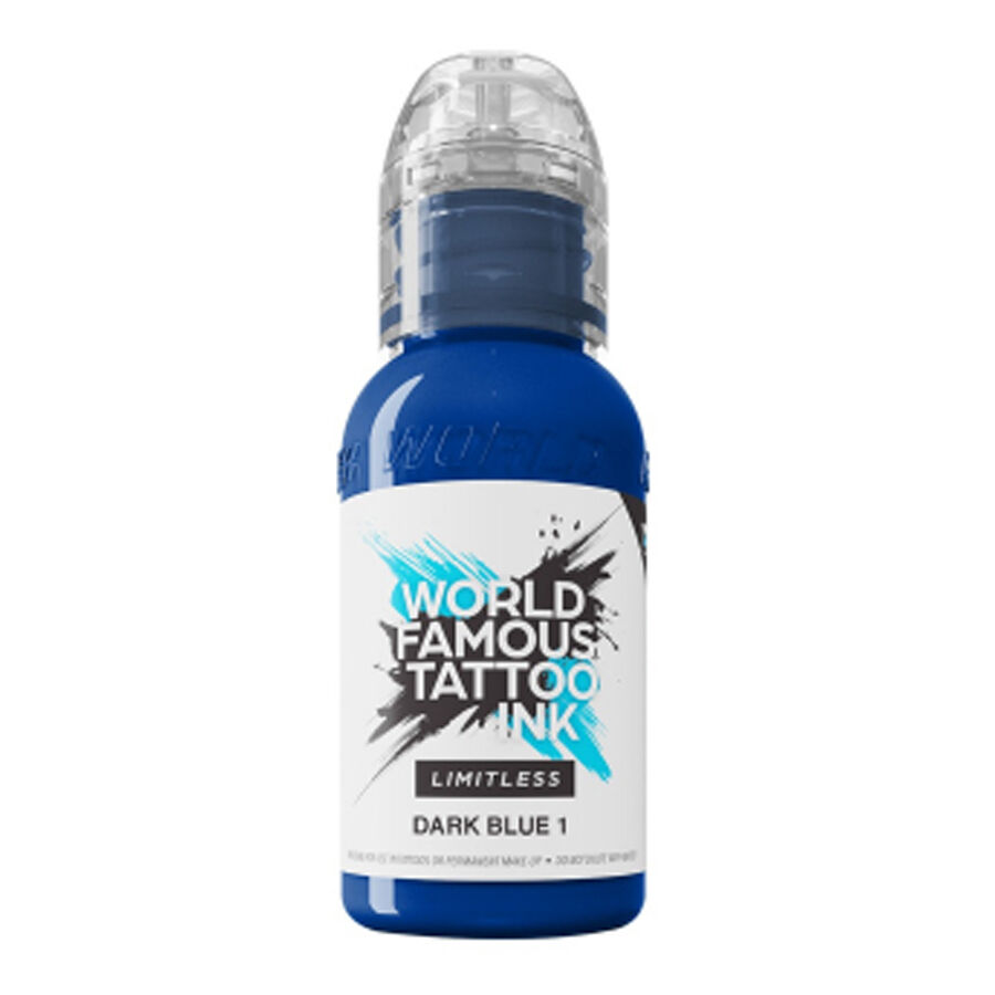 Inchiostro per tatuaggi blu scuro, flacone da 30ml su sfondo bianco